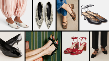 a collage of heels both on figure and flat lay