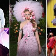 Fashion, Pink, Photography, Dress, Costume design, Headgear, Costume, Feather, Headpiece, Event, 