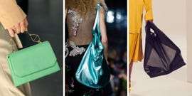 three models carry bags on the spring 2023 runways in a roundup of spring 2023 bag trends to know