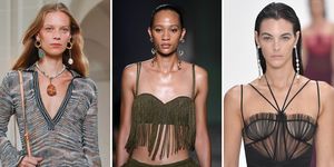 three models on runways wear spring jewelry trends to illustrate a guide to spring 2023 jewelry trends