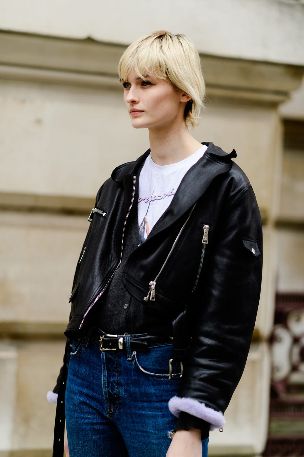 Leather, Clothing, Jacket, Street fashion, Leather jacket, Blond, Fashion, Textile, Outerwear, Hairstyle, 