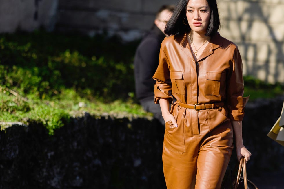 Street fashion, Clothing, Fashion, Beauty, Yellow, Orange, Fashion model, Outerwear, Brown, Leather, 