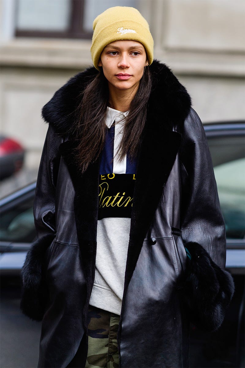 Clothing, Street fashion, Fur, Beanie, Fur clothing, Fashion, Yellow, Outerwear, Jacket, Cap, 