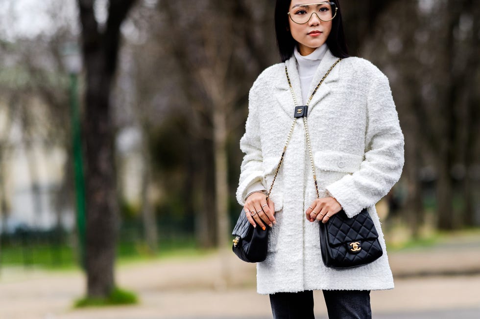 Clothing, White, Street fashion, Outerwear, Fashion, Fur, Sweater, Coat, Footwear, Jeans, 