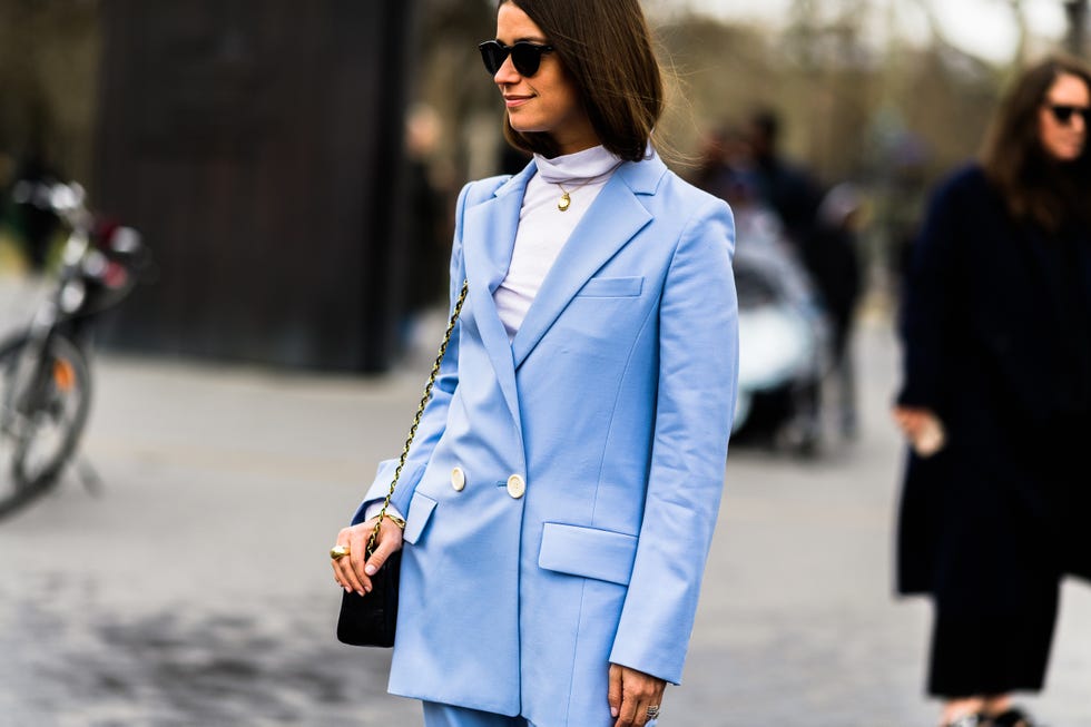 Clothing, Street fashion, White, Fashion, Coat, Blue, Outerwear, Overcoat, Suit, Trench coat, 