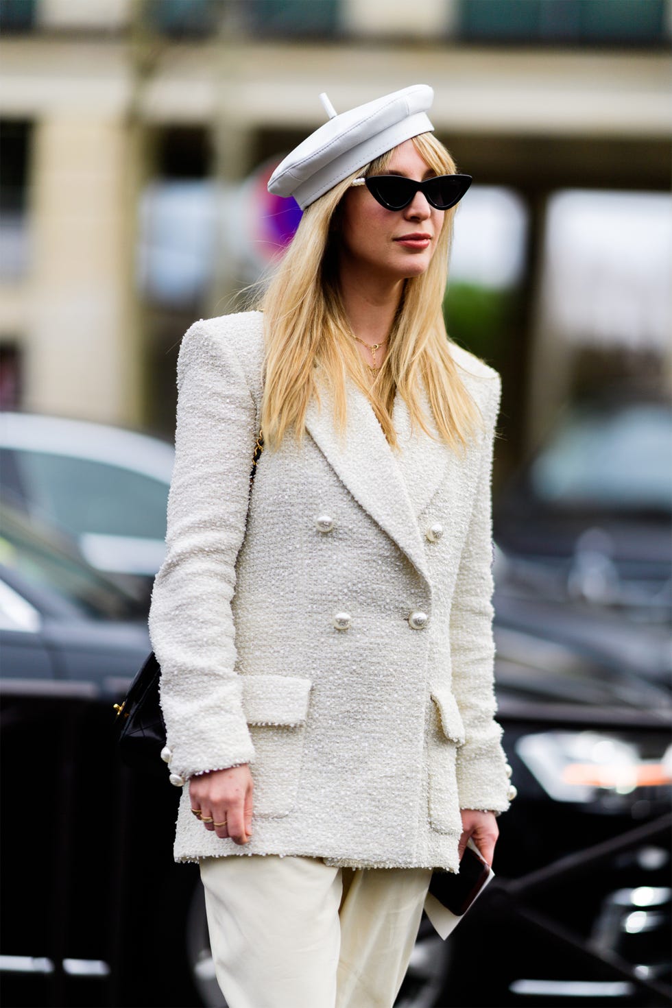 Clothing, Street fashion, White, Eyewear, Sunglasses, Fashion, Outerwear, Hat, Shoulder, Blazer, 