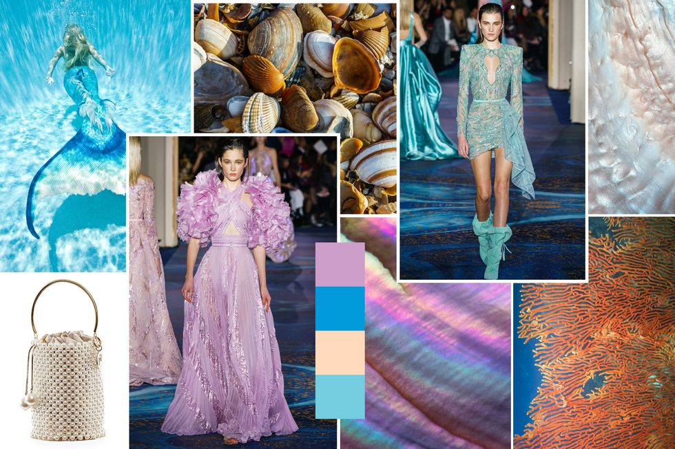 Clothing, Purple, Pink, Dress, Lavender, Turquoise, Formal wear, Collage, Fashion, Textile, 