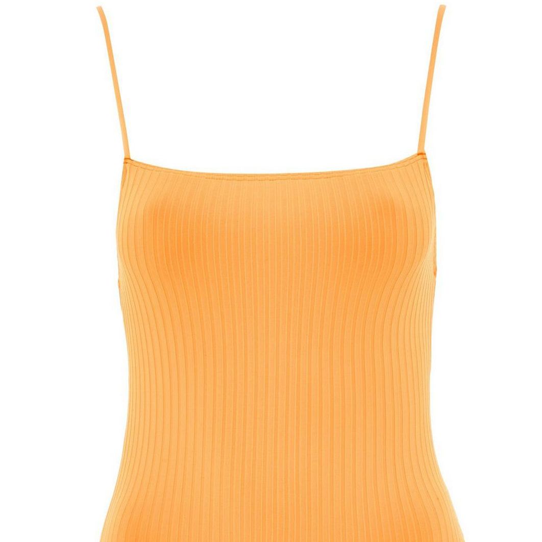 Orange, Clothing, One-piece swimsuit, Swimwear, Neck, Lingerie, 