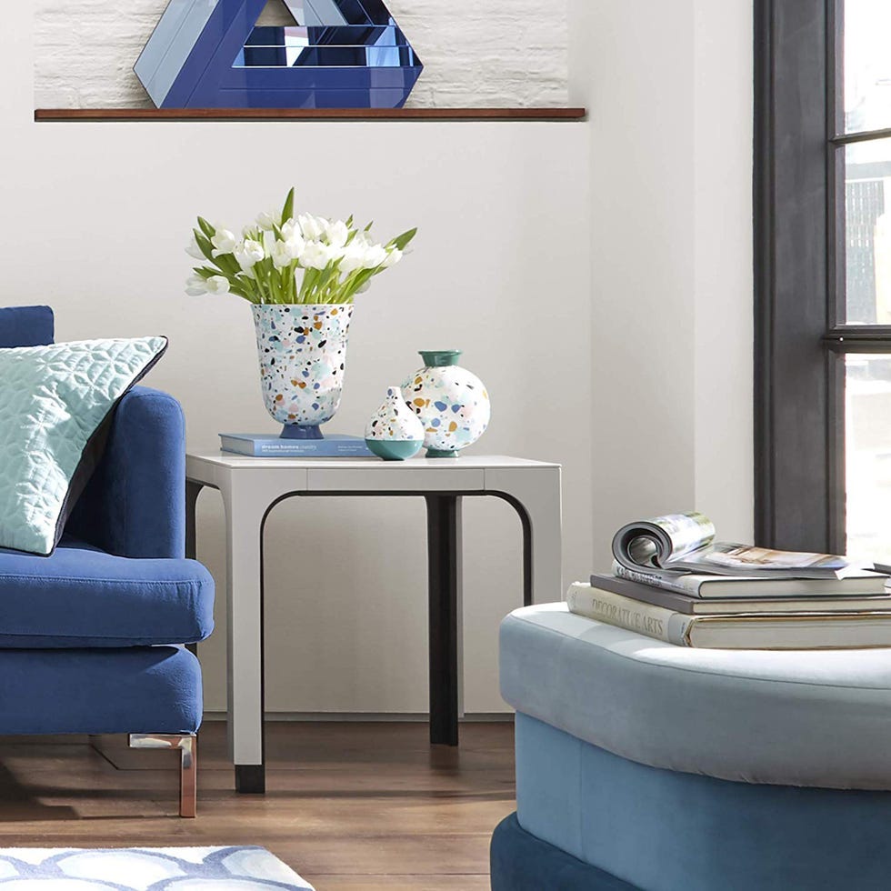 Furniture, Room, Blue, Living room, Interior design, Property, Table, Coffee table, Floor, Home, 