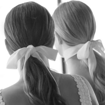 Hair, Hairstyle, Long hair, Black-and-white, Friendship, Chignon, Back, Monochrome photography, Black hair, Ponytail, 