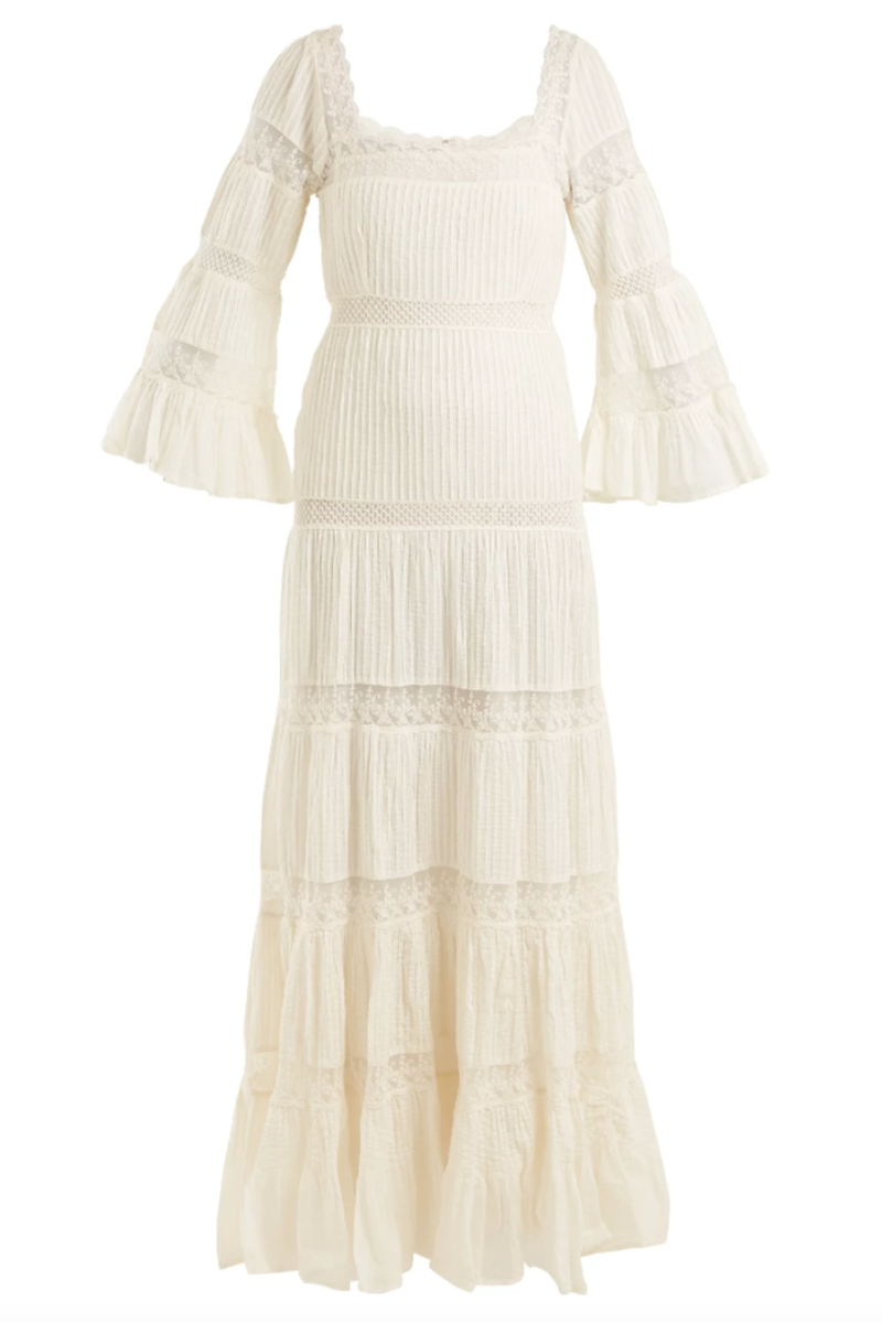 Clothing, White, Dress, Day dress, Gown, Sleeve, Ruffle, Textile, Beige, Cocktail dress, 