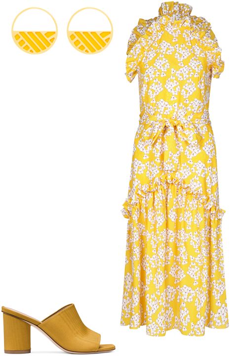 Clothing, Yellow, Day dress, Dress, Footwear, Pattern, Pattern, Shoe, Cover-up, Style, 