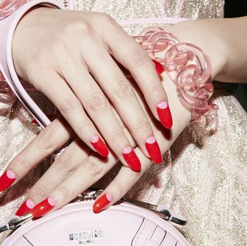 Red, Nail, Hand, Finger, Manicure, Beauty, Nail care, Design, Dress, Fashion accessory, 