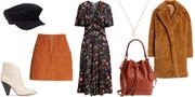 Clothing, Brown, Outerwear, Orange, Fashion, Dress, Leather, Footwear, Sleeve, Vintage clothing, 