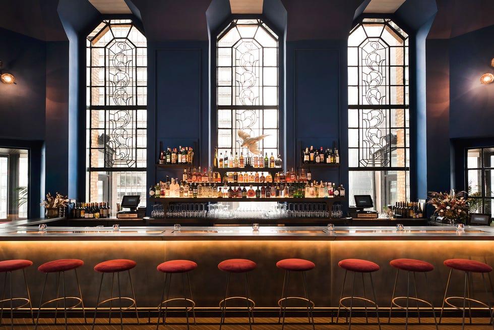 Building, Interior design, Architecture, Lighting, Glass, Room, Furniture, Window, Chapel, Bar, 