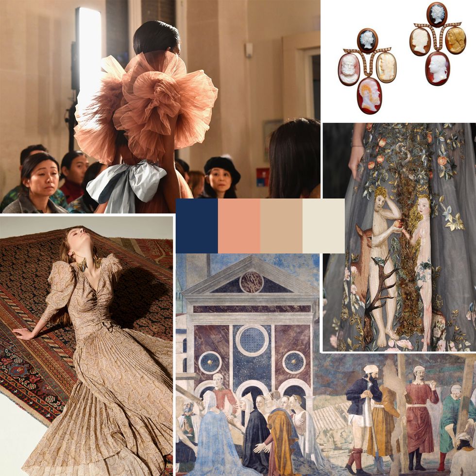 Fashion, Victorian fashion, Dress, Collage, Costume design, Fur, Outerwear, Art, Textile, Peach, 
