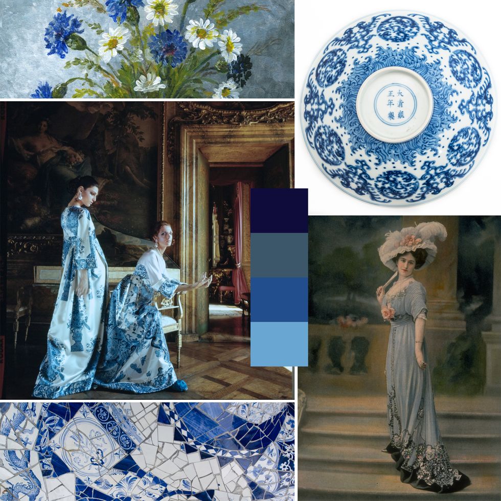 Blue, Cobalt blue, Art, Textile, Visual arts, Pattern, Dress, Formal wear, Electric blue, Style, 