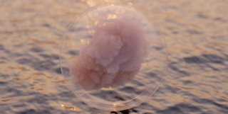 bubble floating over water with pink cloud inside
