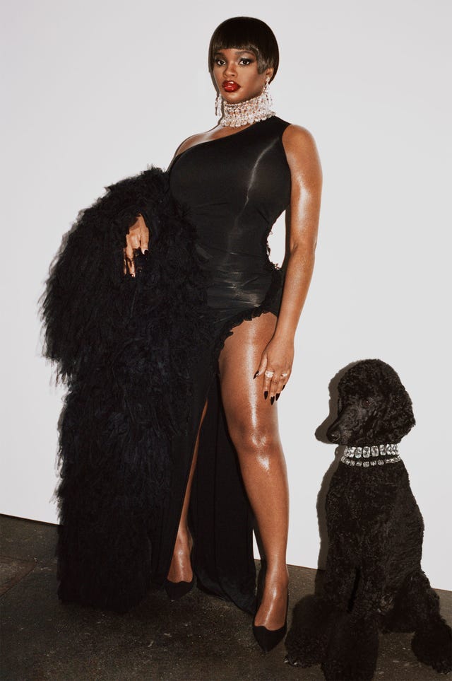 a woman in a sleek black dress stands beside a poodle both adorned with fashionable accessories