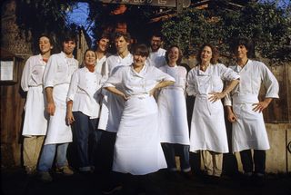 american chef and restaurateur alice waters center, fore poses with her kitchen staff outside her restaurant, chez panisse, berkeley, california, 1982  photo by susan woodgetty images