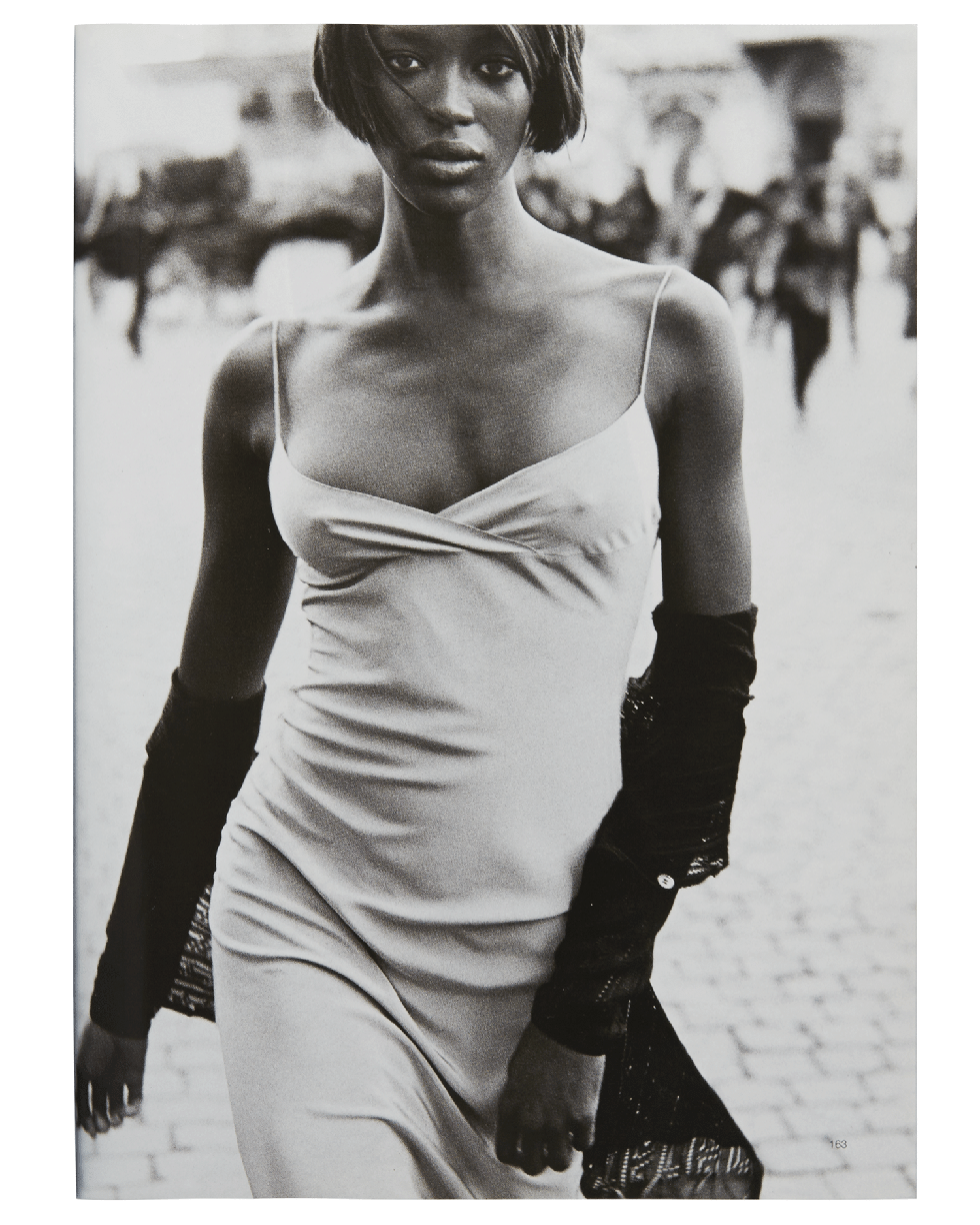 naomi campbell in a slip dress photographed by peter lindbergh for the february 1997 issue of harper’s bazaar