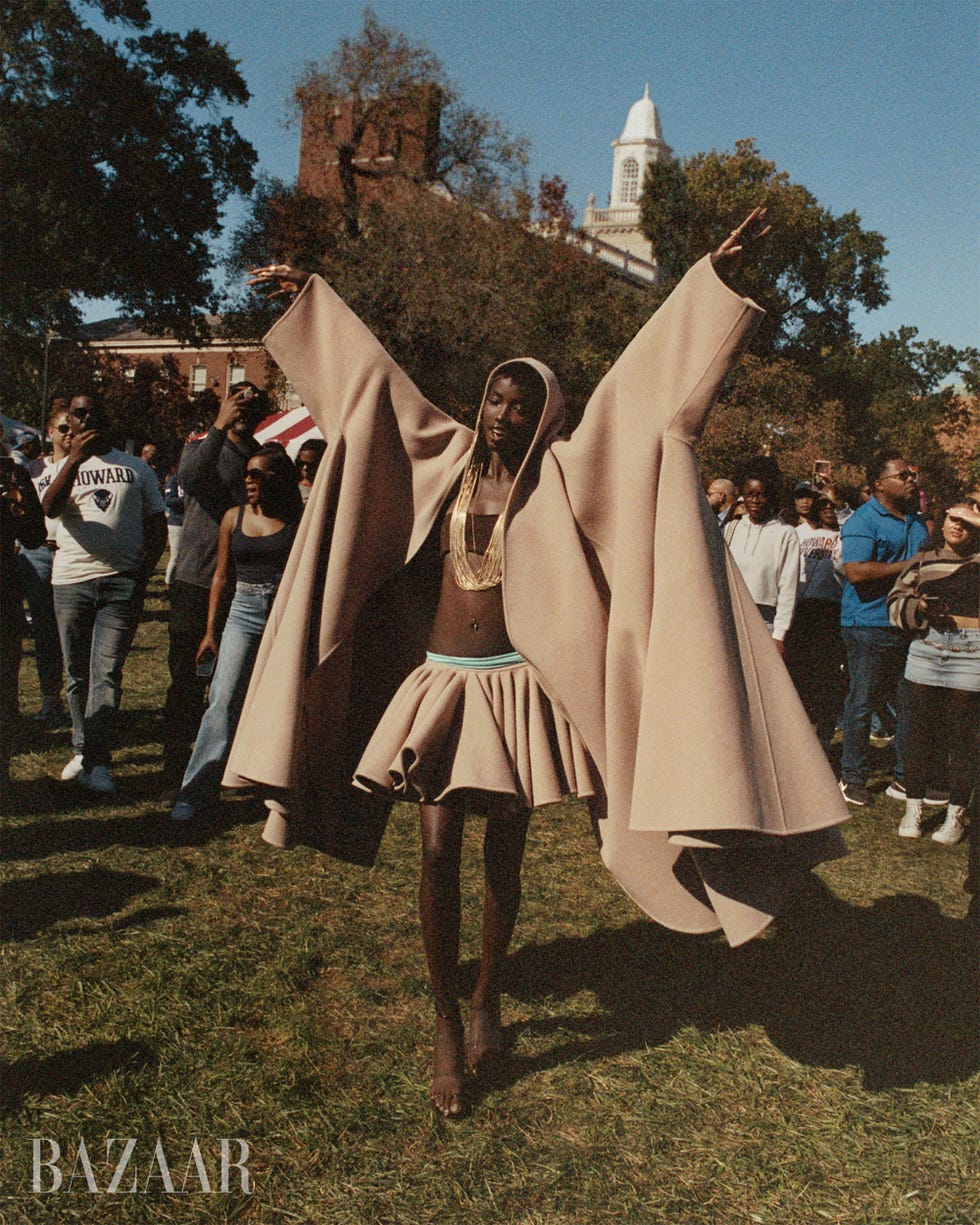 fashion model showcasing a unique outfit in a crowd