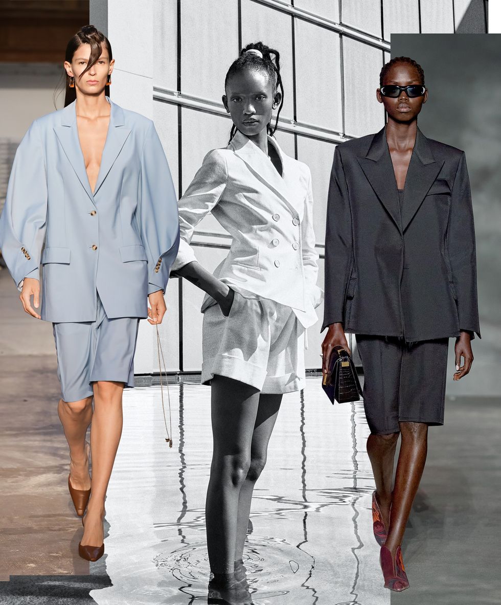 a collage of models wearing short suits as spring outfits