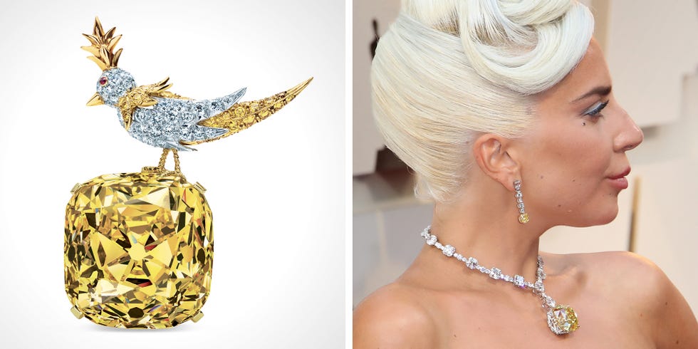 tiffany diamond bird on a rock setting, lady gaga wearing the tiffany diamond 175th anniversary necklace