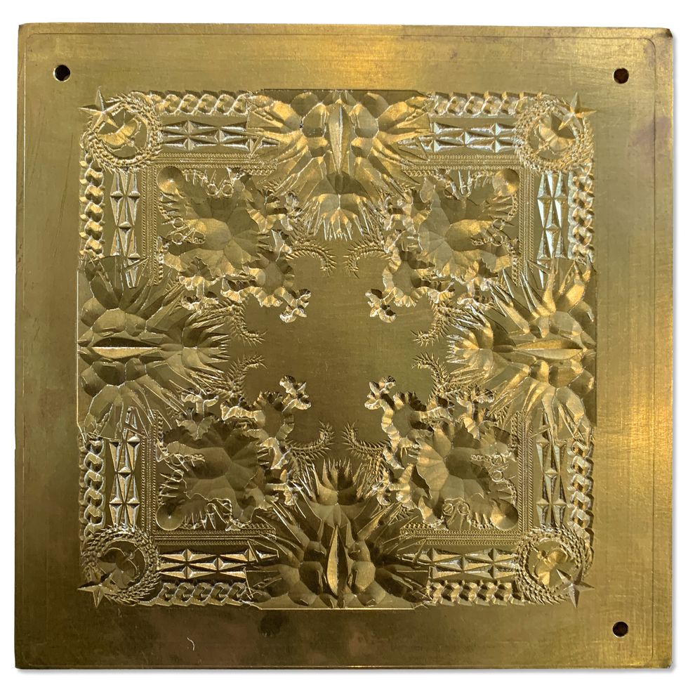 3img7830
virgil abloh, kanye west and jay z, 
watch the throne album press plate, 2011 
brass plate in plastic frame
plate 4 1516 x 5 58 in
framed 9 58 x 10 38 3 12 in
courtesy of the artist