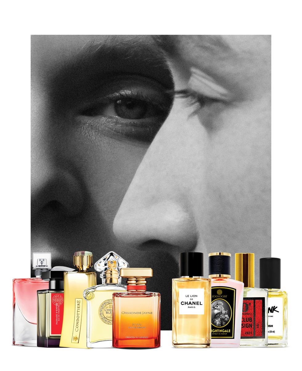 collage of a black and white portrait of two faces close together and various perfume bottles