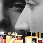 collage of black and white portrait of two faces close together and various perfume bottles