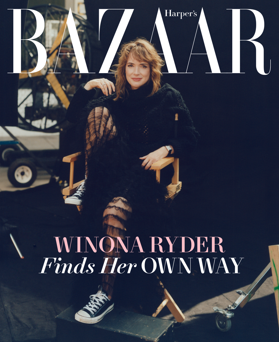 winona ryder wears a black dior sweater and a sheer ruffled dior skirt on harpers bazaar's digital cover for july 2022
