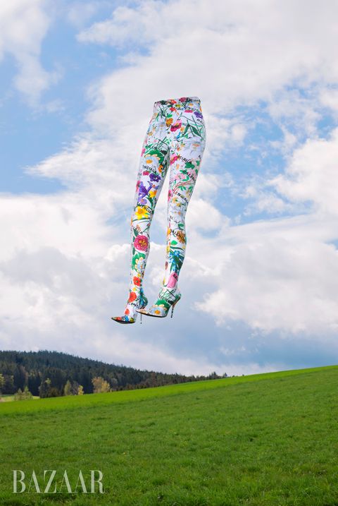colorful floral patterned high boots in sky
