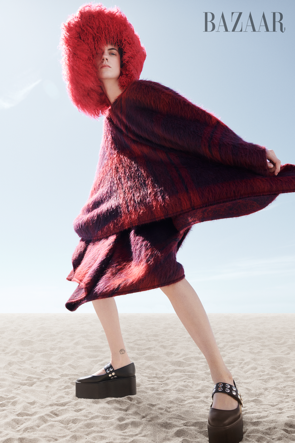 shawl\, alberta ferretti hat\, miscreants platform shoes\, molly goddard home county plaids, patterns, and textured knits
