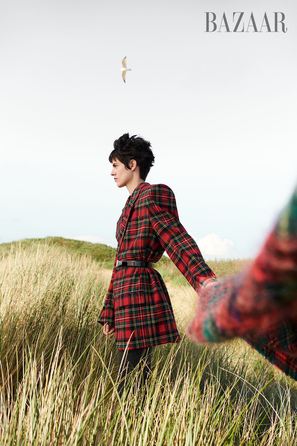 blazer\, jumpsuit\, belt\, and scarf in hand\, saint laurent by anthony vaccarello home county plaids, patterns, and textured knits