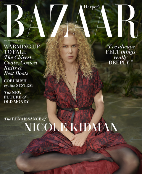 harper's bazaar magazine cover with nicole kidman sitting cross legged wearing a red and black dress in a yard, cover lines read warming up to fall the chicest coats, coziest knits and best boots, cori bush v the system, the new future of old money, the renaissance of nicole kidman, and a quote from nicole that reads i've always felt things really deeply