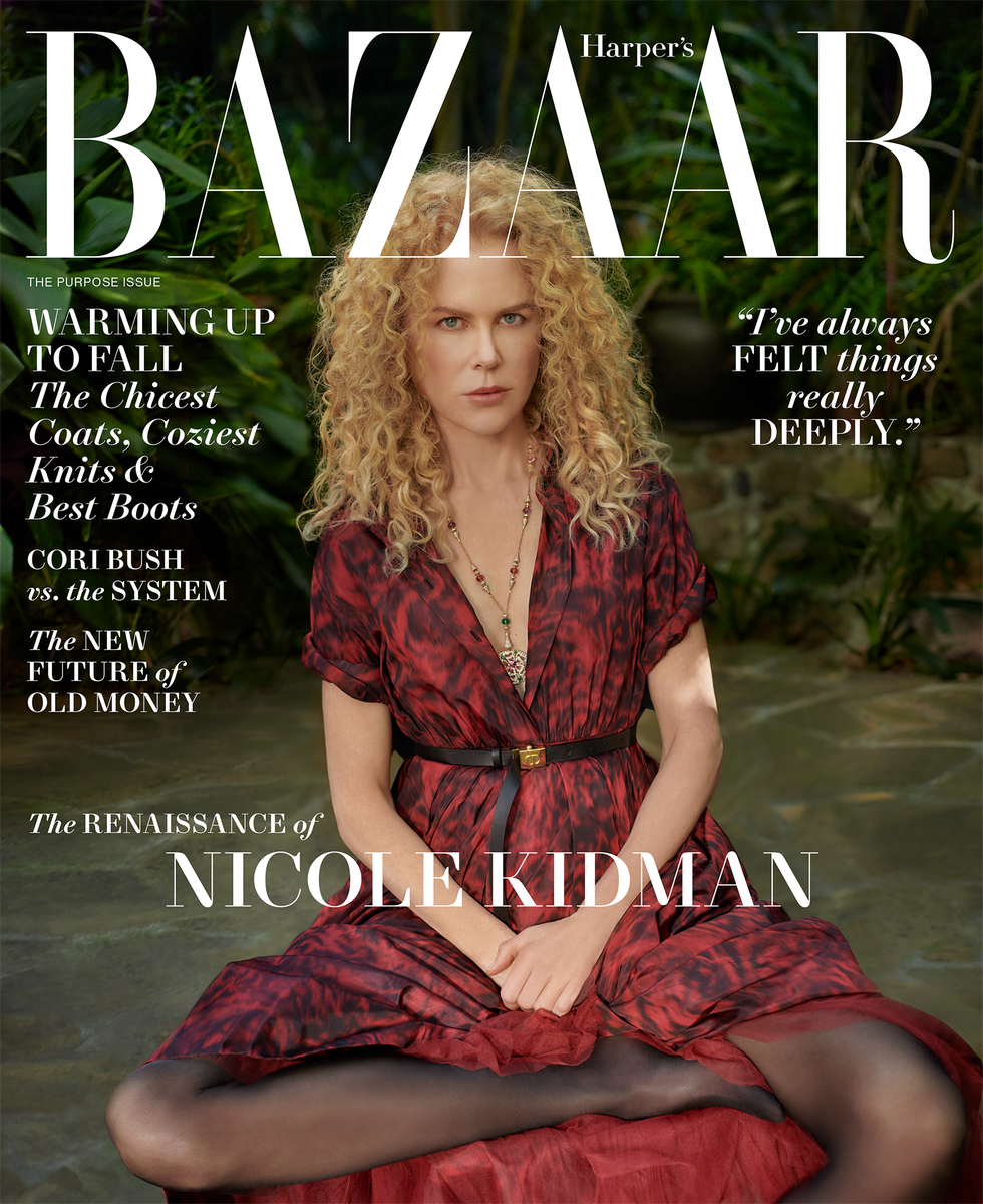 harper's bazaar magazine cover with nicole kidman sitting cross legged wearing a red and black dress in a yard, cover lines read warming up to fall the chicest coats, coziest knits and best boots, cori bush v the system, the new future of old money, the renaissance of nicole kidman, and a quote from nicole that reads i've always felt things really deeply