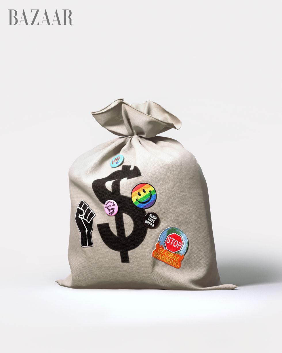radical giving money bag with social justice patches and pins philanthropy