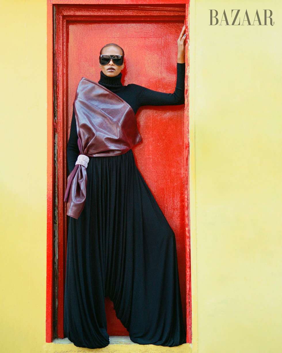 top, luar turtleneck, duran lantink trousers, loewe sunglasses, miu miu