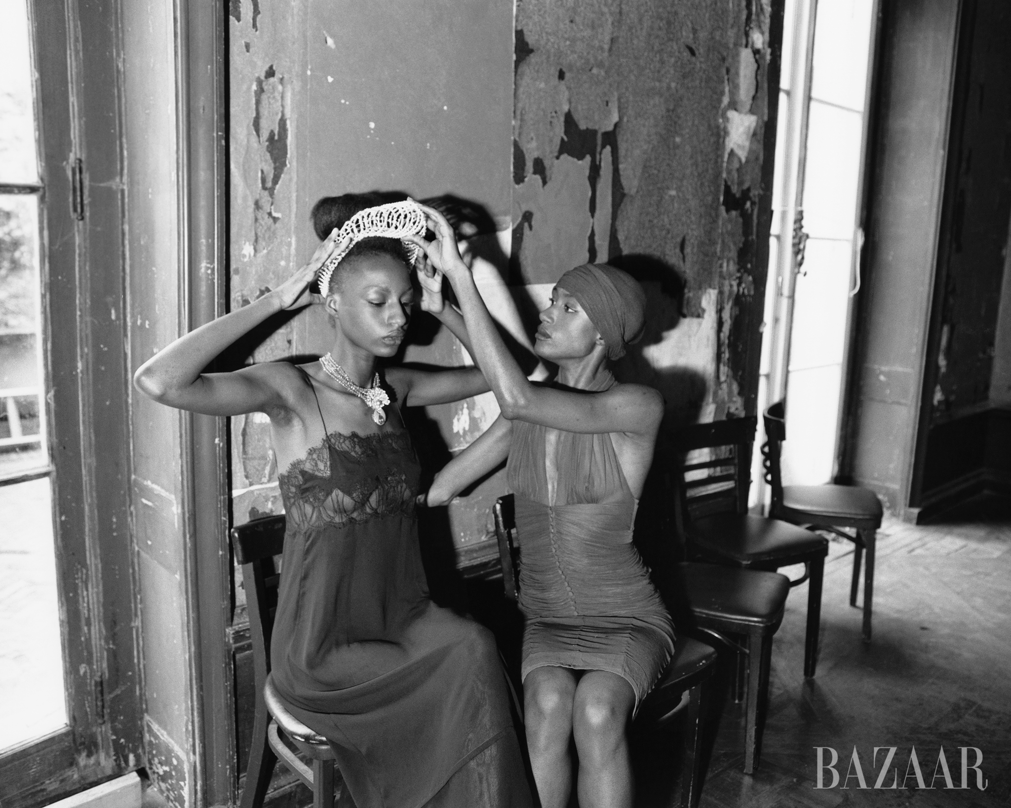 right dress\, gucci headpiece\, rinaldy yunardi haute joaillerie collection necklace\, chopard pumps\, manolo blahnik left halter dress and beanie and headband set, saint laurent by anthony vaccarello