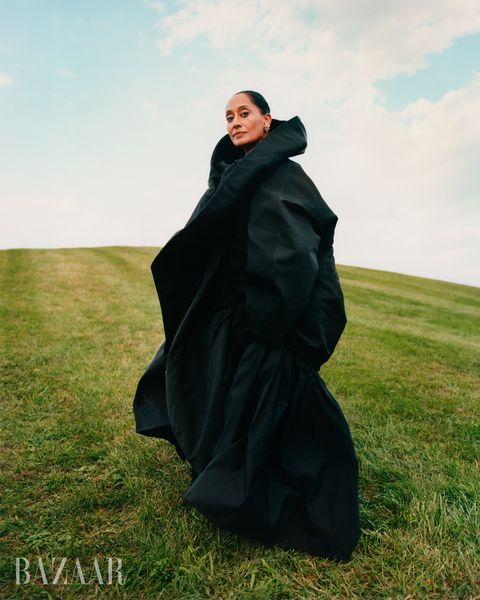 tracee ellis ross poses in balenciaga couture opera coat tiffany  co schlumberger earrings