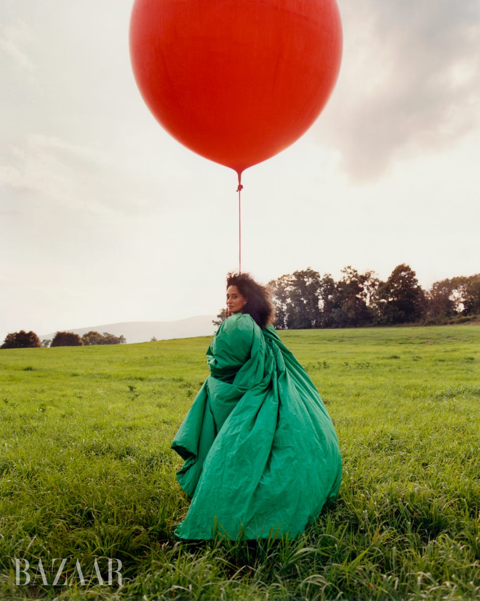 tracee ellis ross poses in emerald balenciaga couture opera gown