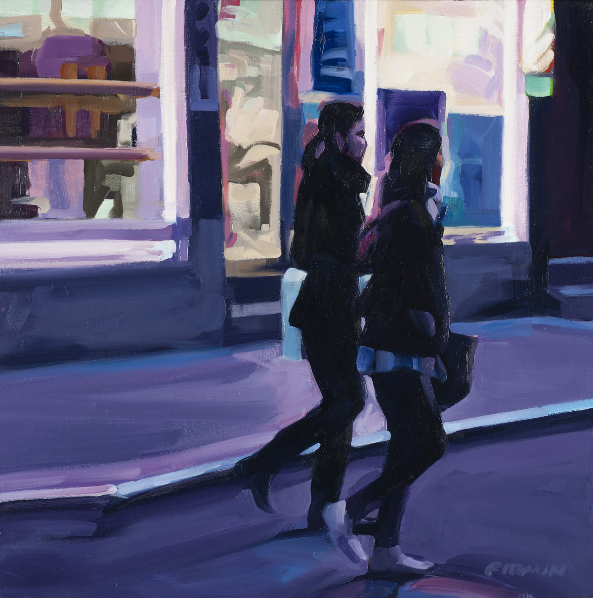 lisbeth firmin, "two young women, chinatown", 2014, oil on wood panel, 16  x 16 in