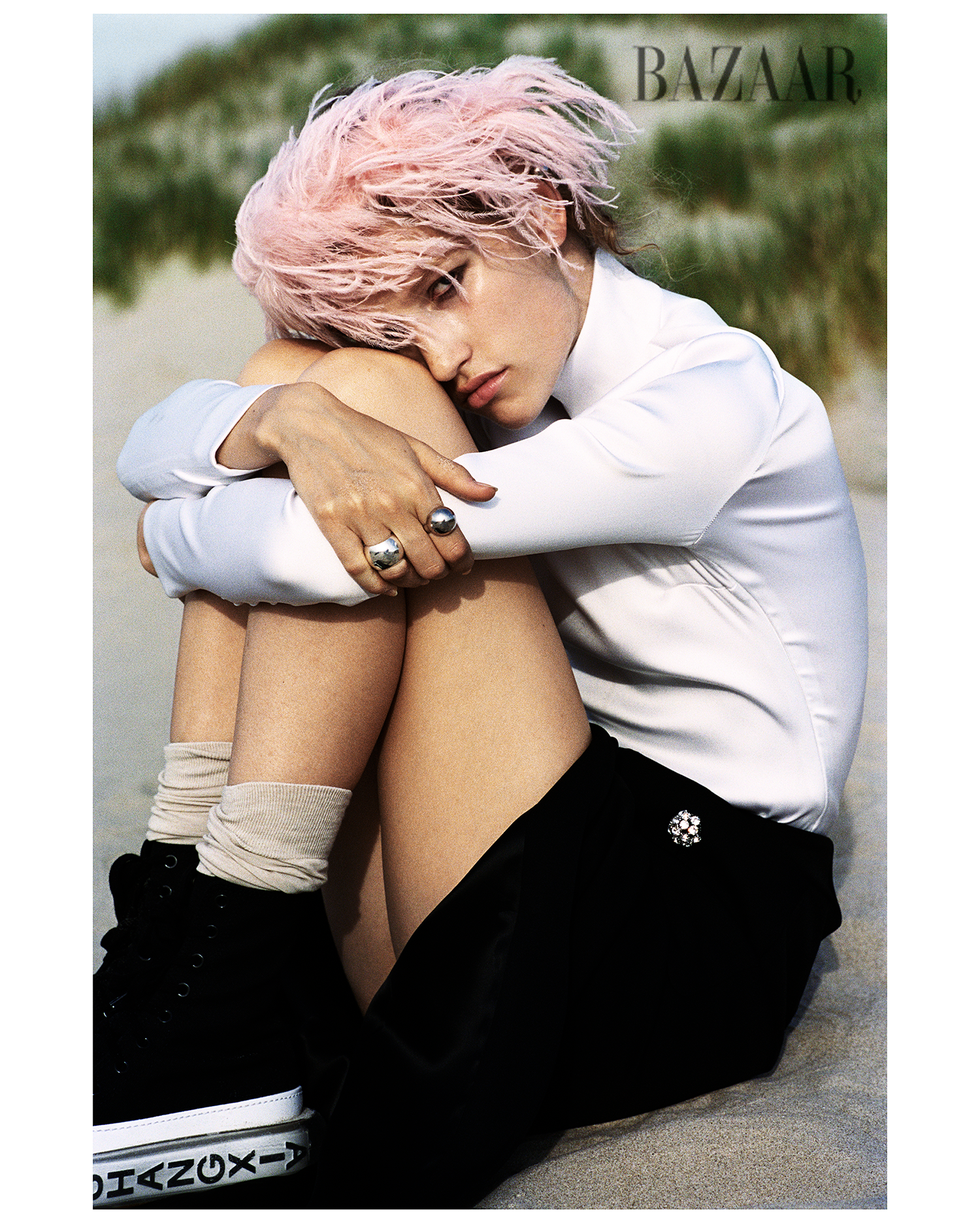 top and skirt\, prada headband\, miu miu rings\, uncommon matters left and alan crocetti right socks\, falke family shoes\, shang xia