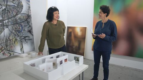 julie mehretu mid career survey documentary film grabs, artist, julie mehretu and christine kim curator of contemporary art, lacma