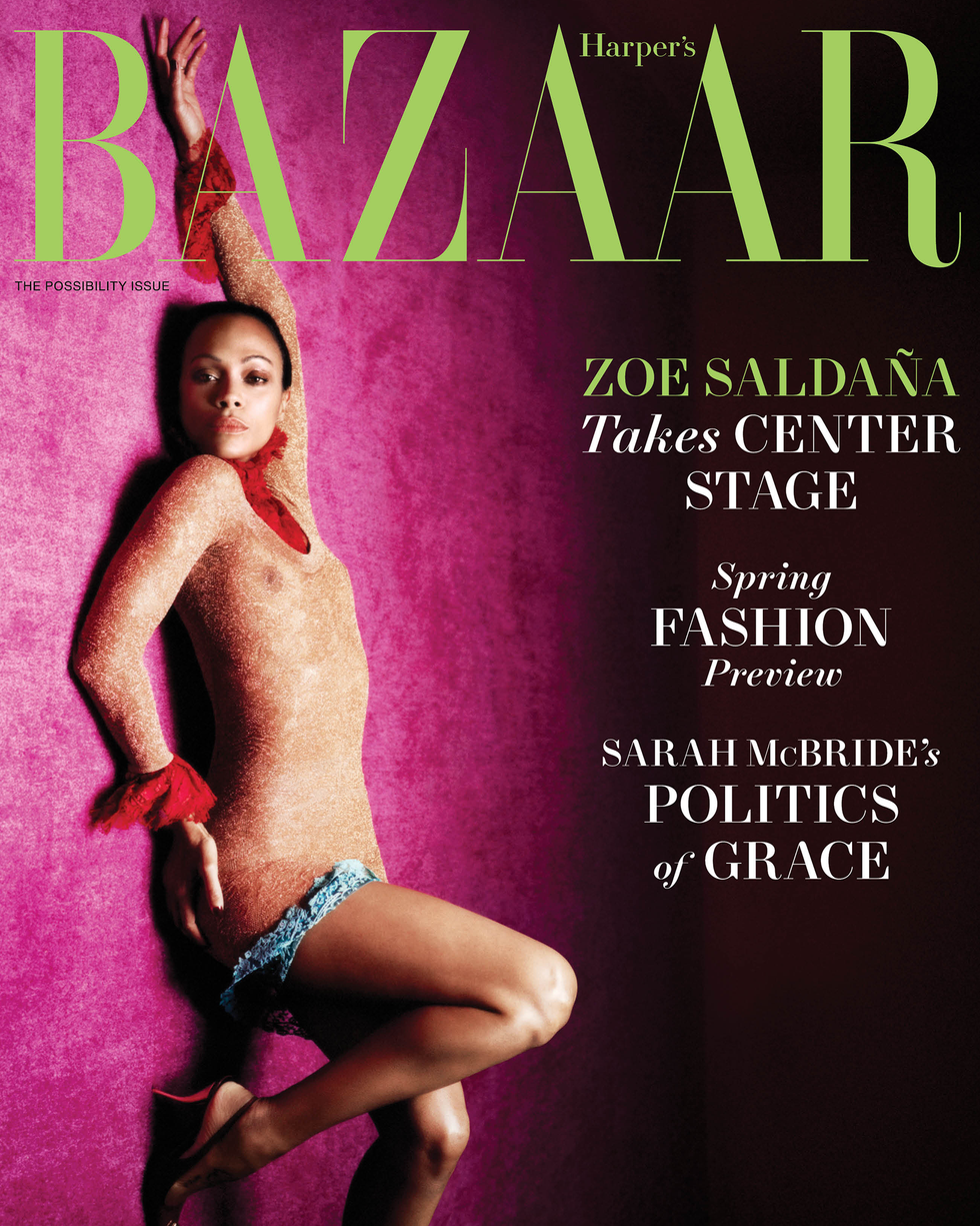 harper's bazaar cover featuring zoe saldana with text elements