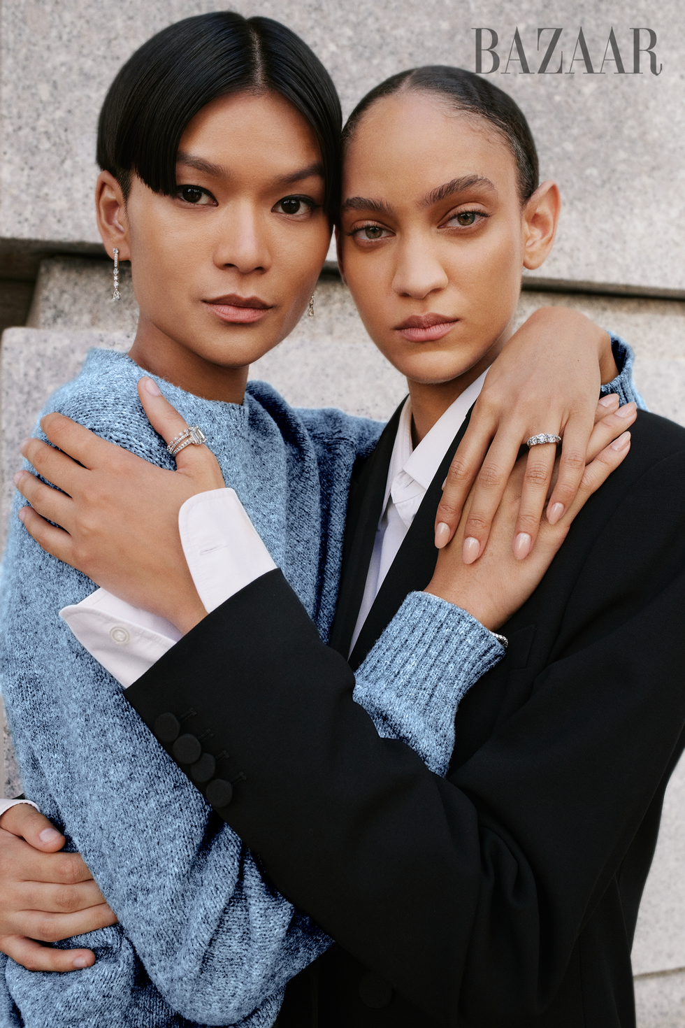 on pure prada sweater de beers snow dance short diamond earrings classic trio diamond ring darling full pave diamond band and classic diamond line bracelet on nayeli ralph lauren collection tuxedo jacket charvet shirt de beers old bond street emerald cut diamond ring and dewdrop one line pave diamond band