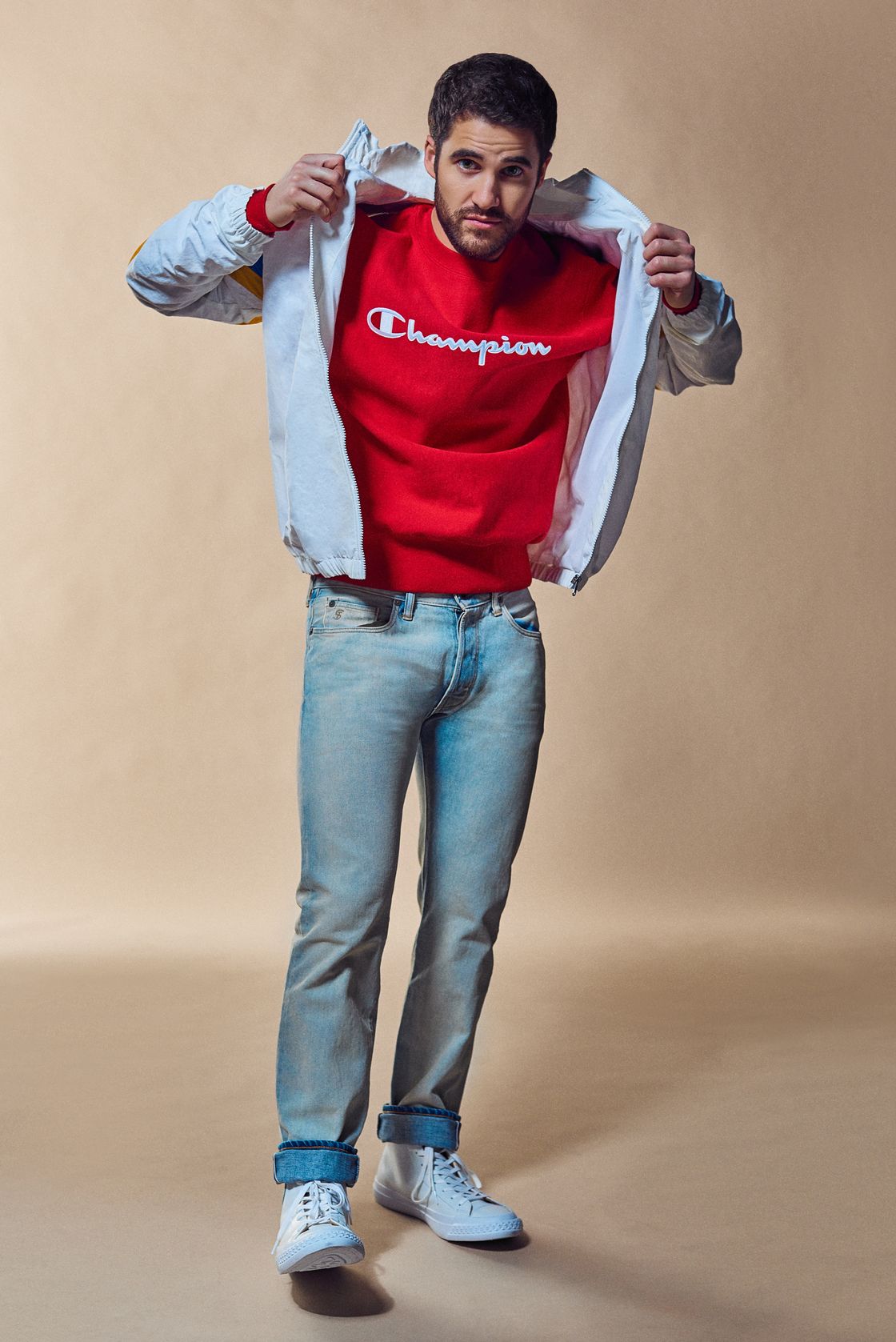 Jeans, Red, Blue, Standing, Fashion, Denim, Cool, Outerwear, Jacket, Photo shoot, 