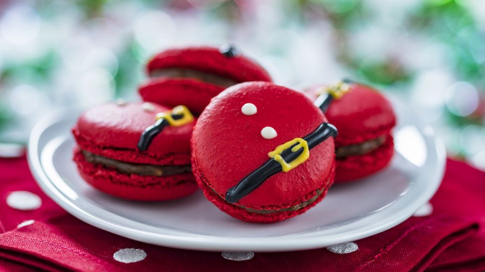 Macaroon, Red, Food, Sweetness, Christmas ornament, Dessert, Fashion accessory, Finger food, Baked goods, Cookie, 