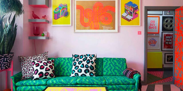 Couch, Living room, Room, Green, Furniture, Interior design, Turquoise, Orange, Yellow, Wall, 